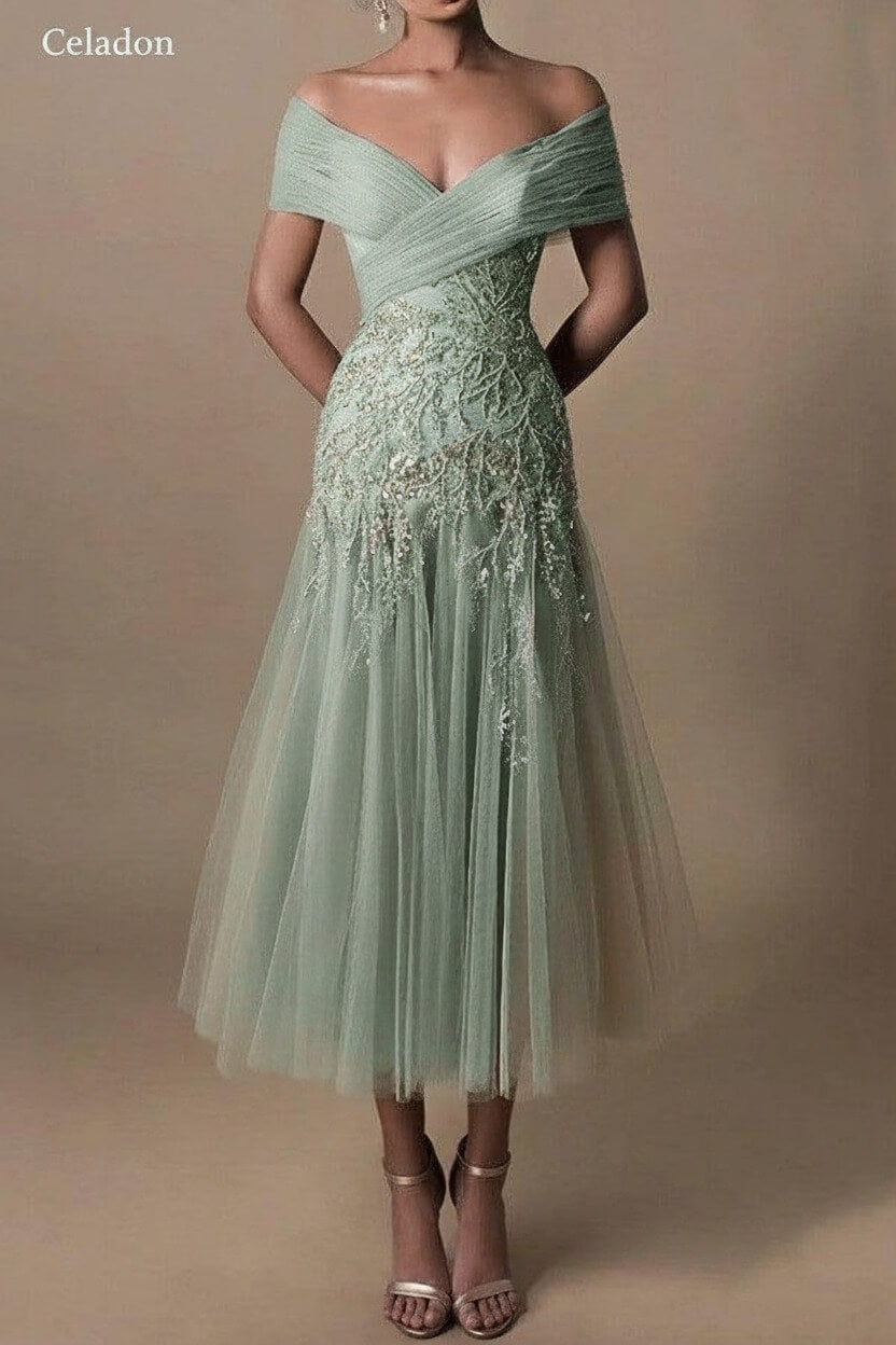 Gorgeous Short Long Off-the-Shoulder Beadings Beach Bridal Dress With Lace