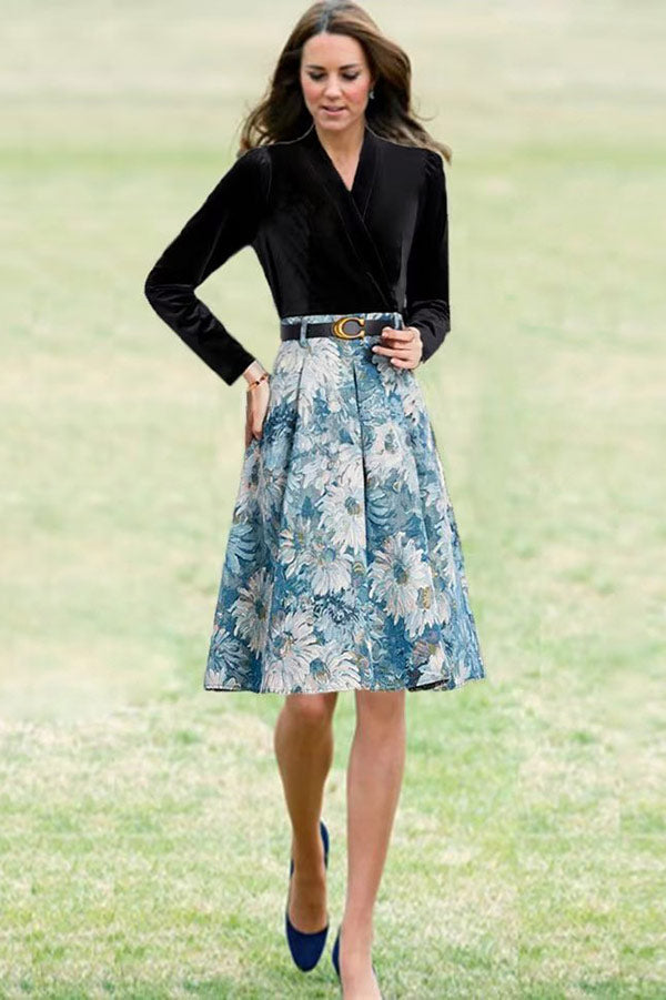 Celebrity Inspired Floral Velvet Long Sleeves Fashion Dress - Fashionpara