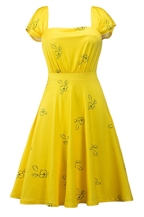 Celebrity Inspired Yellow Cap Sleeves A-Line Dress - Fashionpara