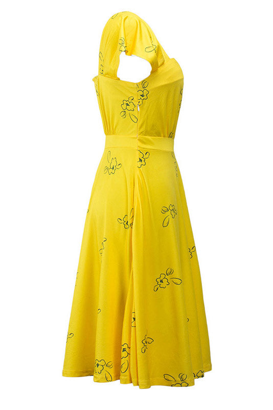 Celebrity Inspired Yellow Cap Sleeves A-Line Dress - Fashionpara