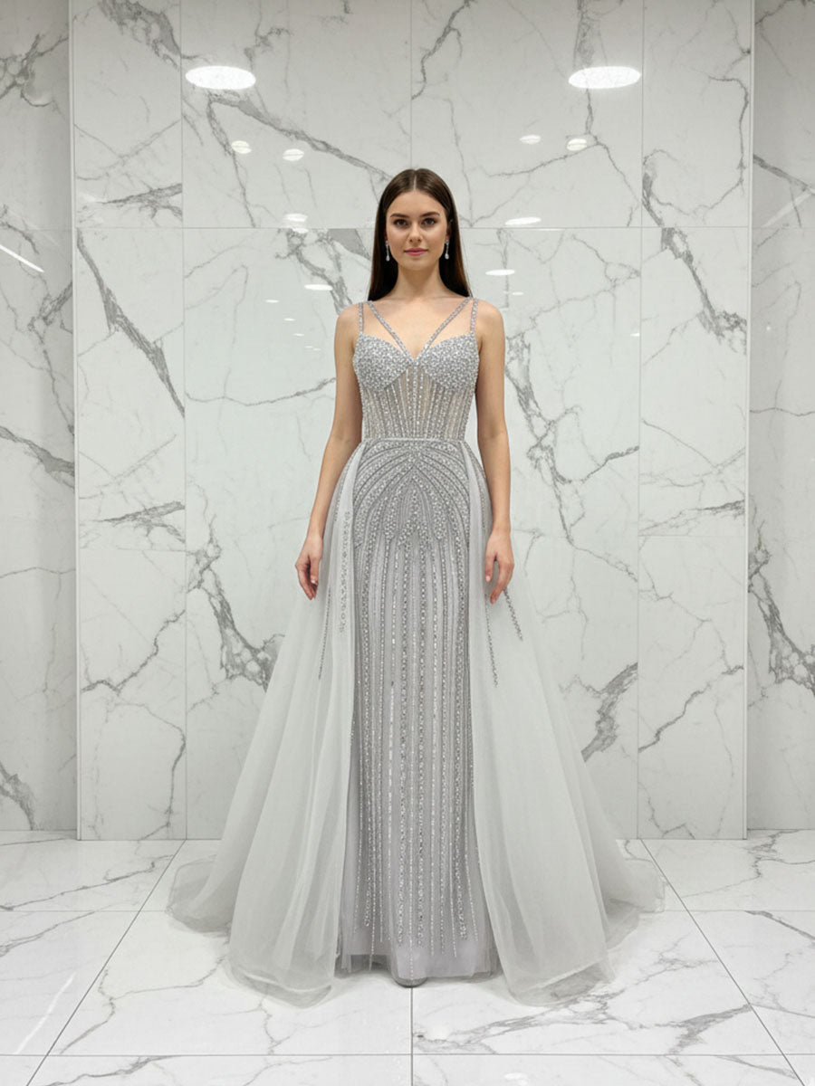 Celestial Silver Beaded Illusion Prom Dress with Overskirt - FashionDia