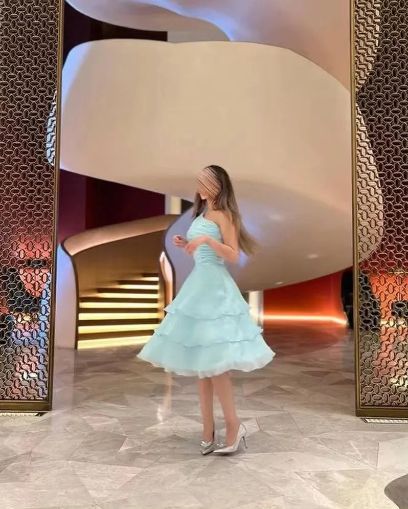 Hearty Mint Green Prom Dress Organza One Shoulder Tiered Party Knee Length Princess Growns