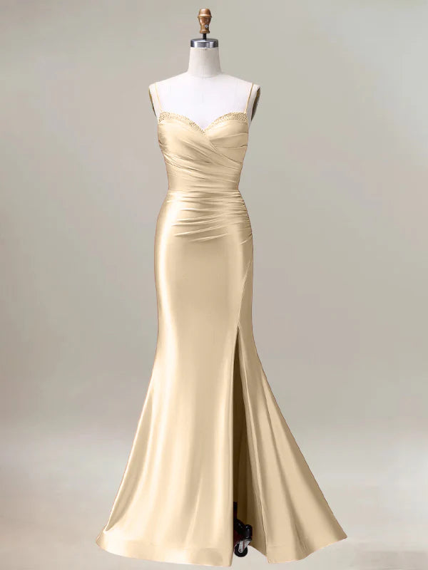 Champagne Mermaid Spaghetti Straps Pleated Long Prom Dress with Slit