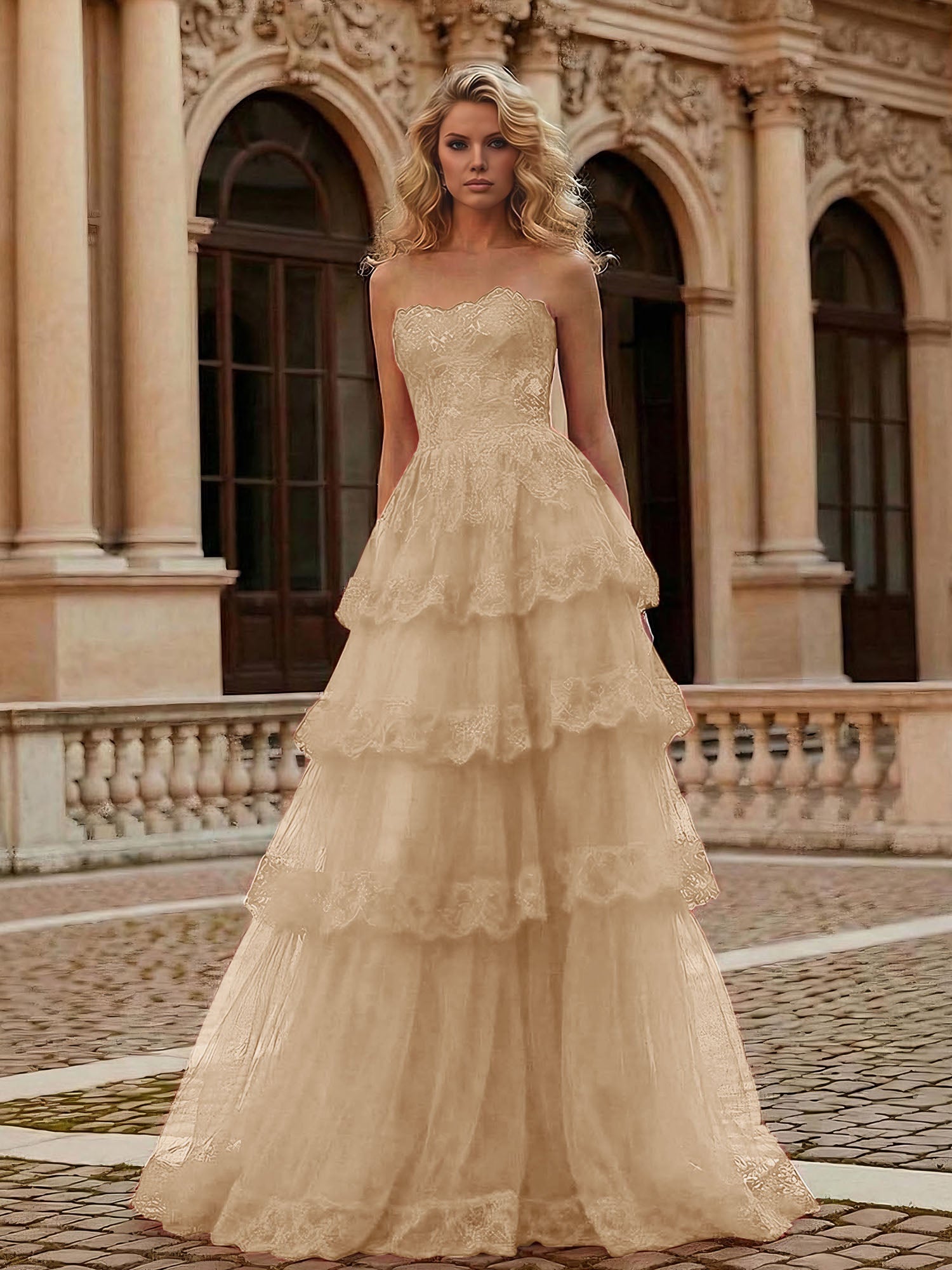 Red Tiered Tulle Strapless Lace Bodice A-Line Long Prom Dress