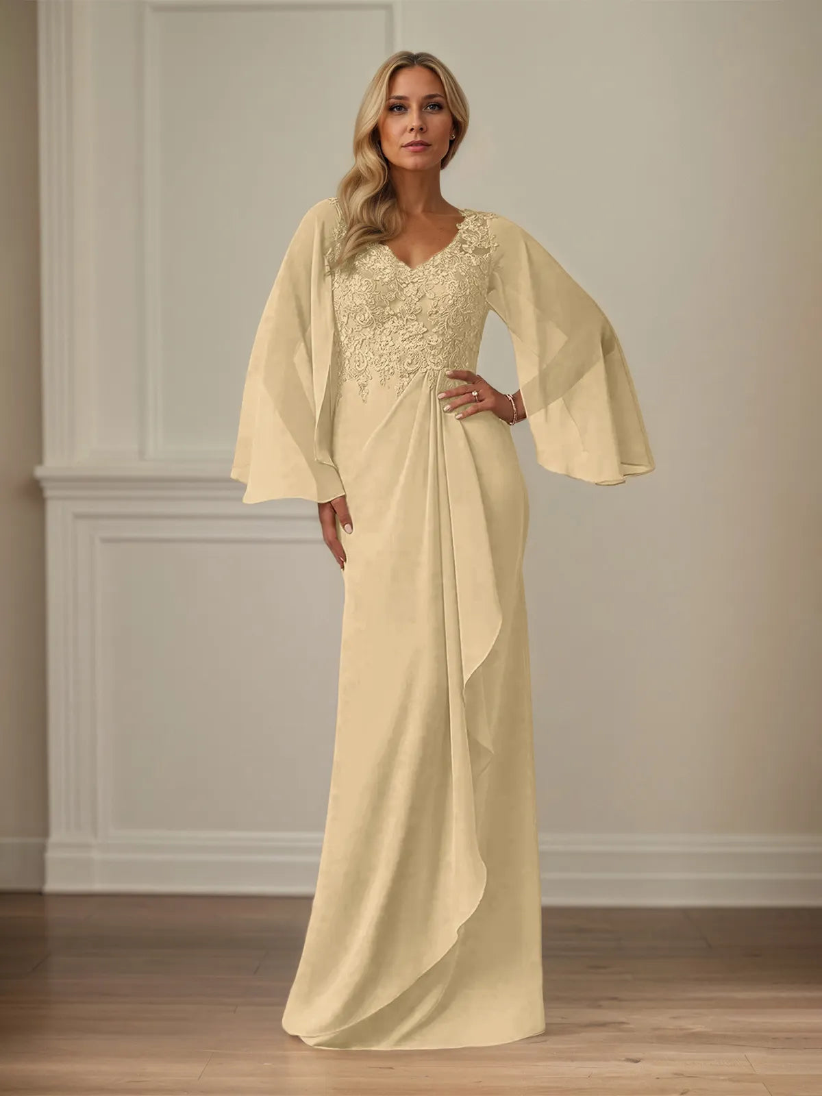 Sheath/Column Chiffon V Neck Long Sleeves Floor Length Mother of the Bride Dresses With Appliques