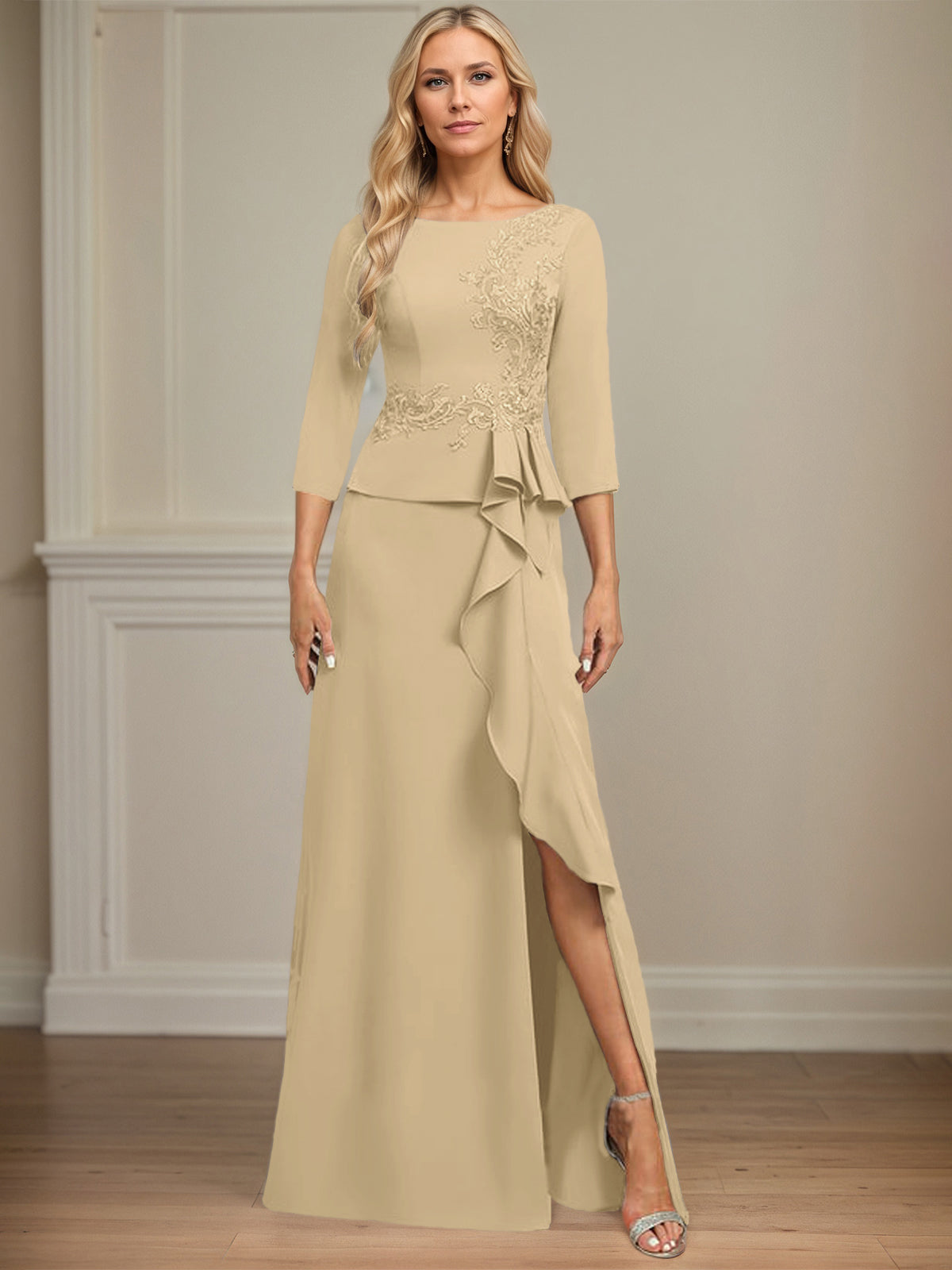 Sheath/Column Scoop Floor-Length Stretch Crepe Dress With Cascading Ruffles Appliques