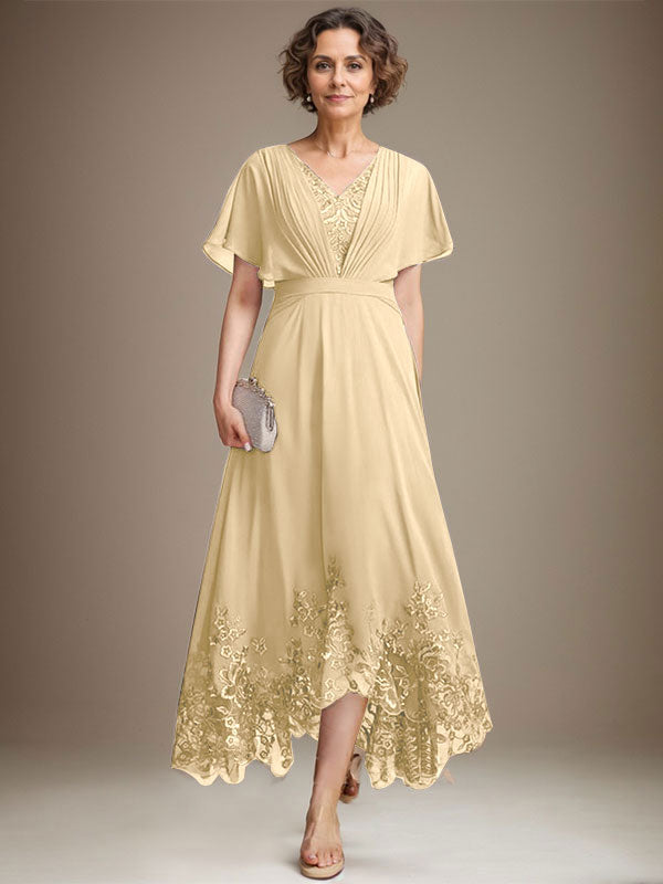 A-line V-Neck Asymmetrical Lace Chiffon Mother of the Bride Dress With Pleated - View 12 | FashionDia