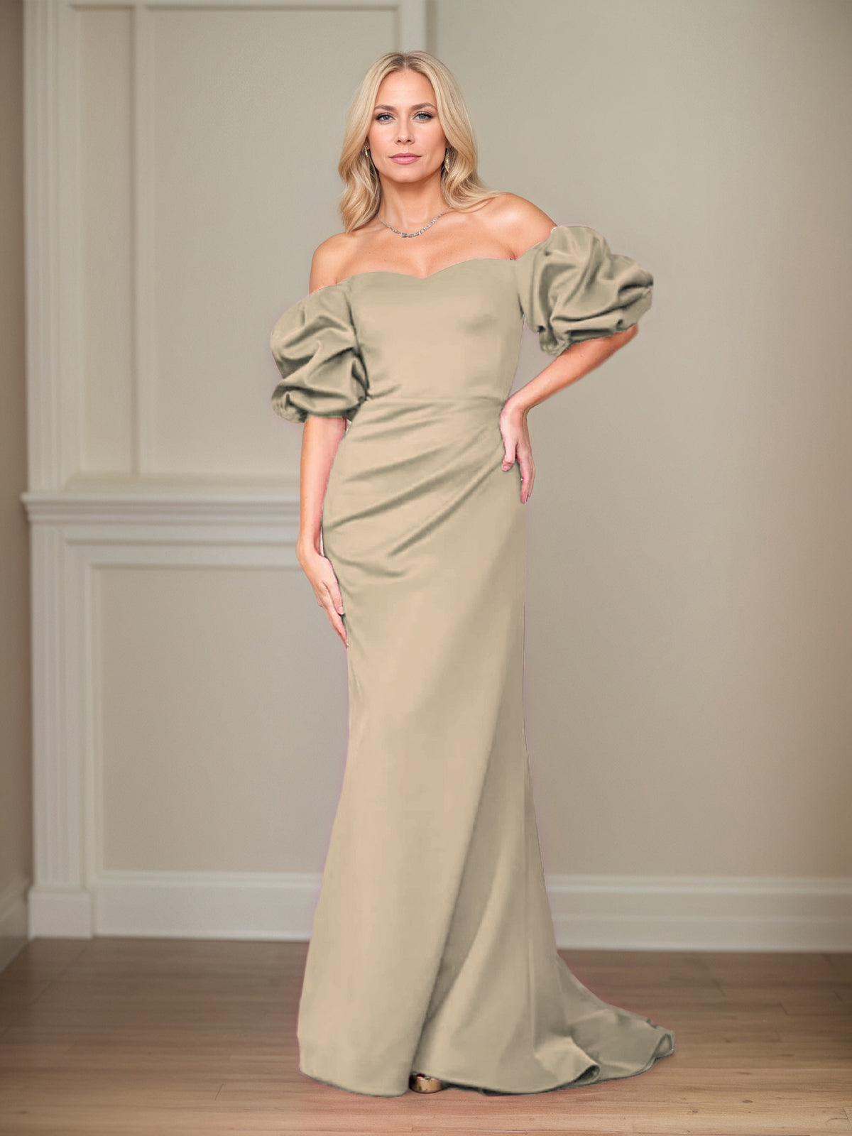 Satin Sheath/Column Off The Shoulder Puff Sleeves Floor Length Mother of the Bride Dresses