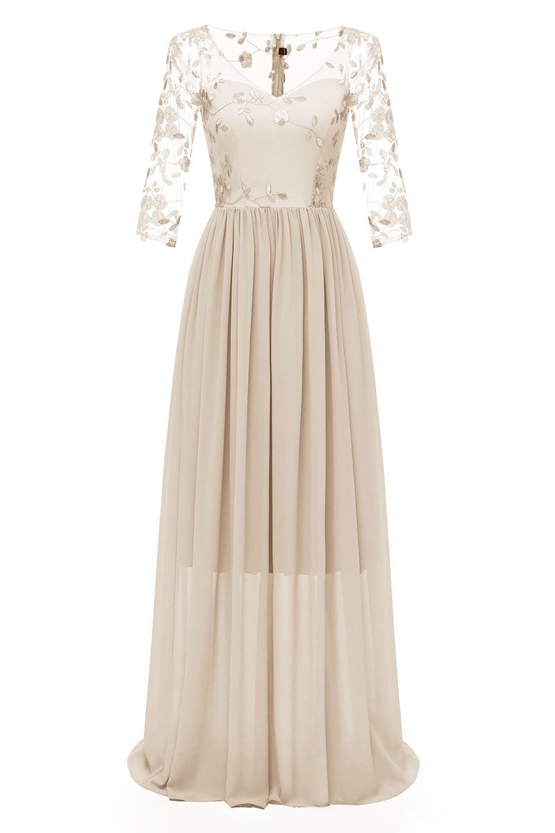 Burgundy Long A-line Long Sleeves Prom Dress With Appliques - Fashionpara