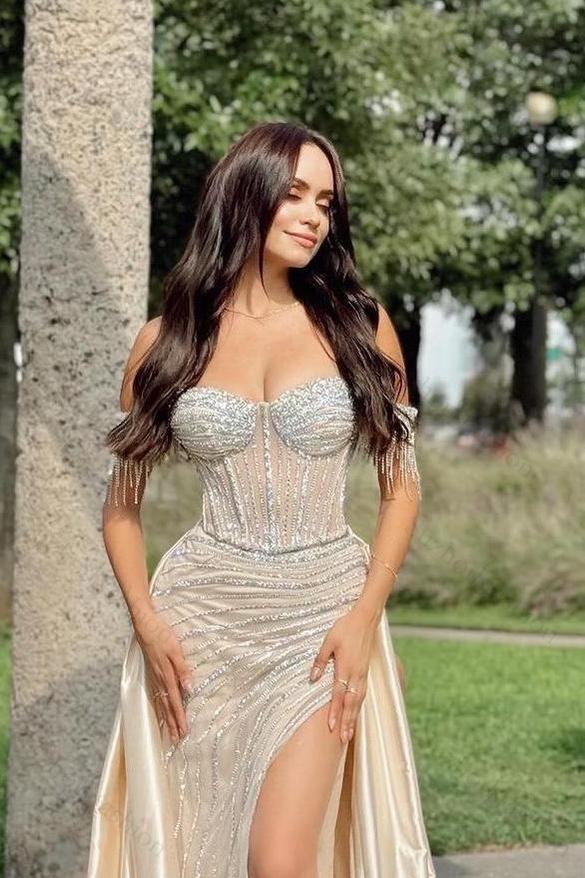 Champagne Off the Shoulder Sweetheart Beadings Long Evening Formal Dress With Split