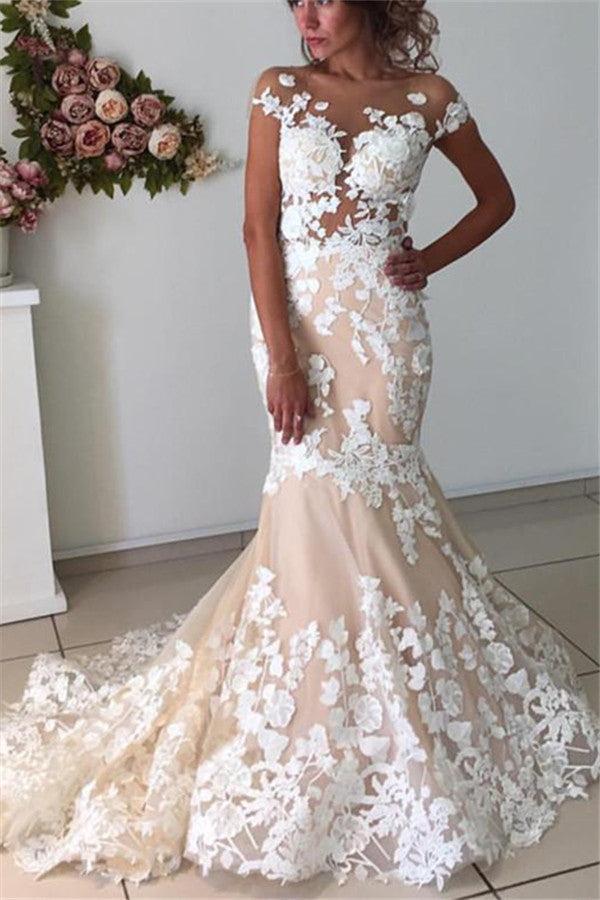 Champagne Pink Lace Appliques Wedding Dresses  | Short Sleeves Mermaid Backless Bridal Dress