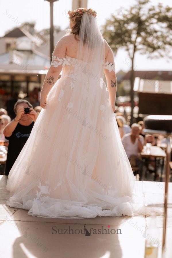 Champagne Plus Size Wedding Dress A Line Off the Shoulder Bridal Gown with Lace Appliques