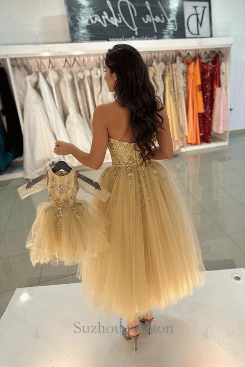 Champagne Prom Dress A Line Sweetheart Sleeveless Tea Length Tulle Formal Dress With Beadings