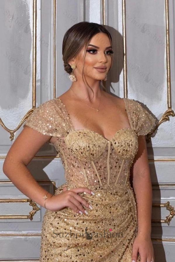 Champagne Prom Dress Mermaid Sweetheart Cap Sleeves Sequined Tulle Formal Dress With High Slit