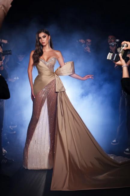 Champagne Prom Dress Sweetheart Sequined Sleeveless Panel Train Satin Tulle Formal Dress With Pearls