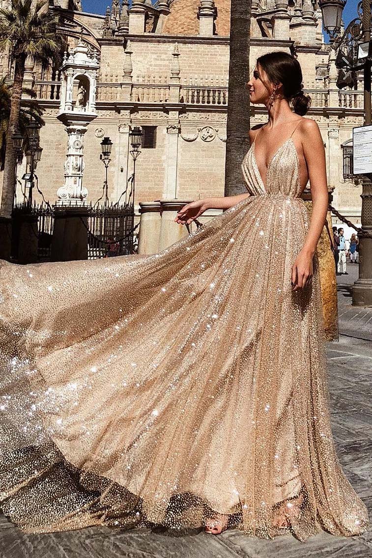 Champagne Sparkly Plunging Deep V-neck Prom Dress - Fashionpara