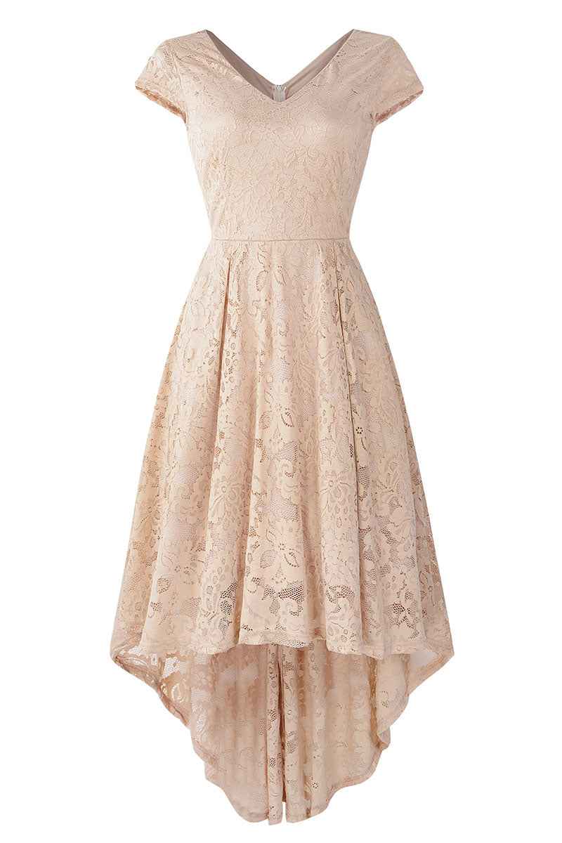 Champagne V Neck Cap Sleeve Lace Prom Dress - Fashionpara