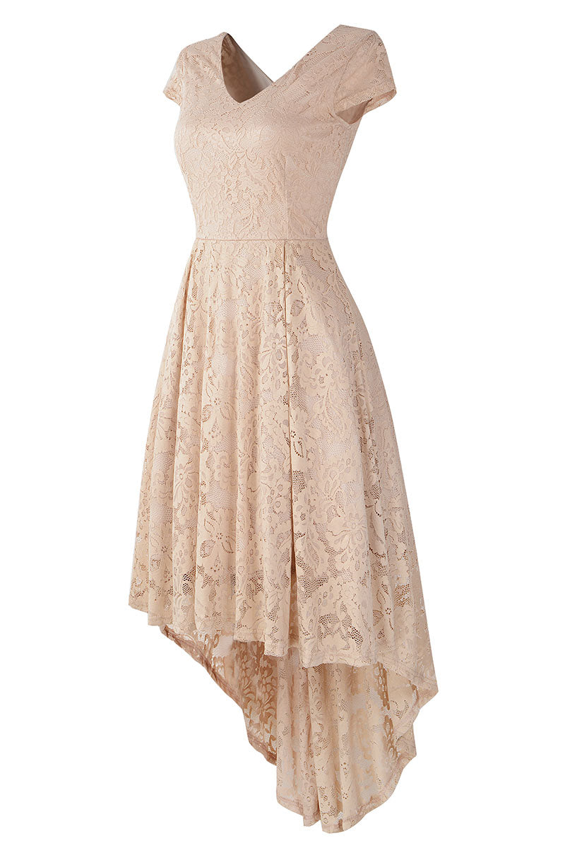 Champagne V Neck Cap Sleeve Lace Prom Dress - Fashionpara