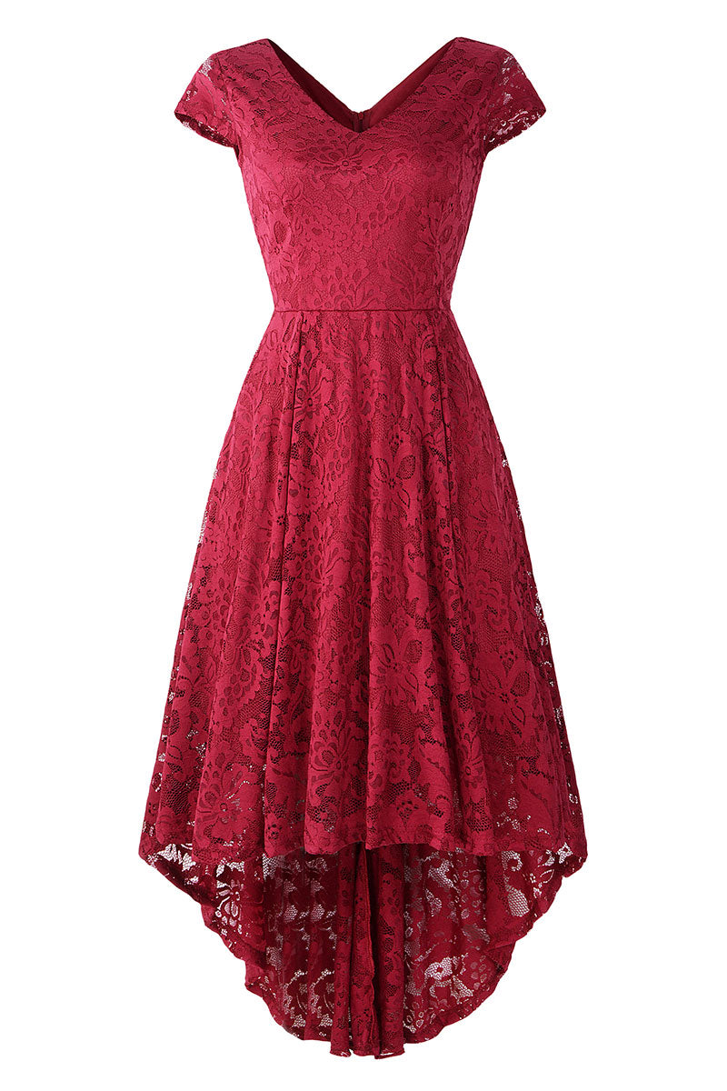 Champagne V Neck Cap Sleeve Lace Prom Dress - Fashionpara