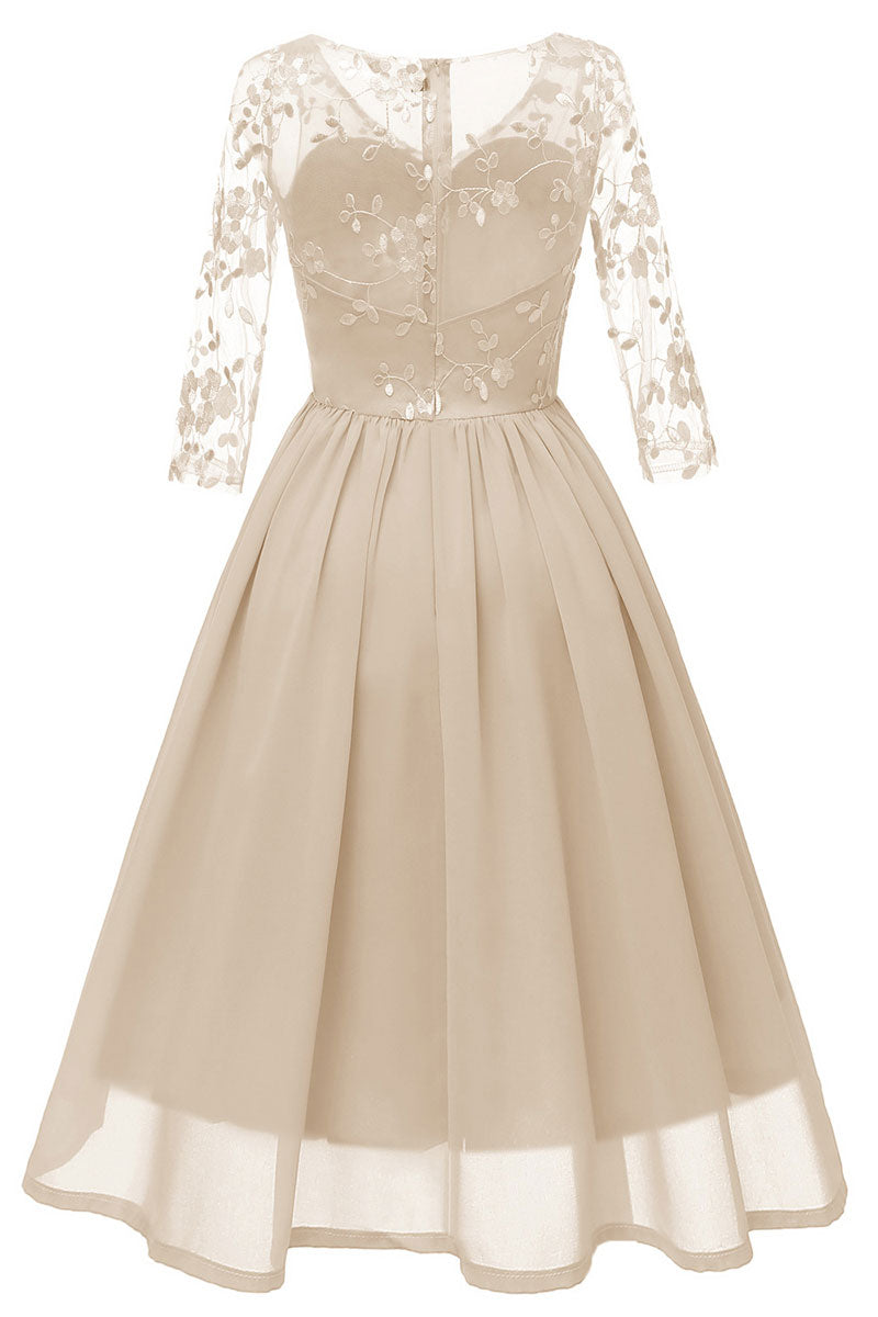 Champagne V-neck A-line Applique Prom Dress With Sleeves - Fashionpara