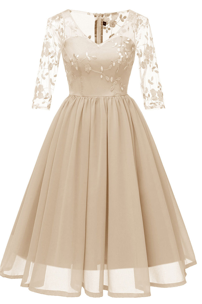 Champagne V-neck A-line Applique Prom Dress With Sleeves - Fashionpara
