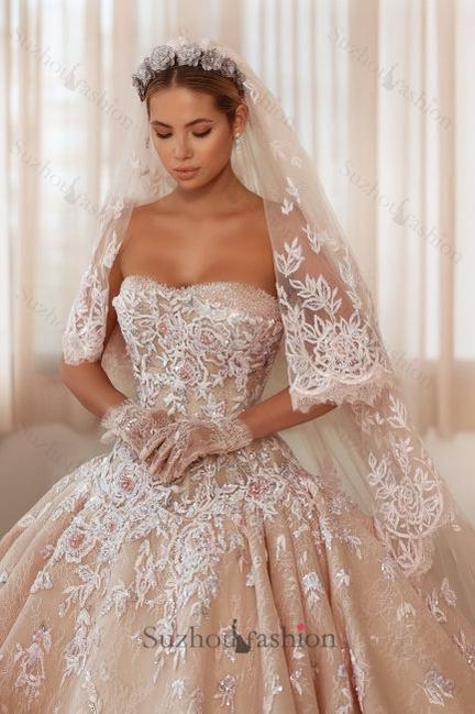 Champagne Wedding Dress Strapless Sleeveless Beaded Ball Gown Monarch Train Bridal Gown With Appliques And Rhinestones