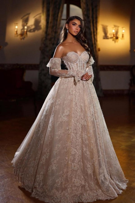 Champagne Wedding Dress Sweetheart Sleeveless Beaded Lace Princess Ball Gown Bridal Gown