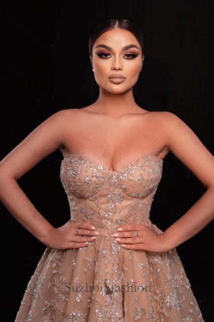Champagne Wedding Guest Dress Sweetheart A Line Sequined Tulle Homecoming Dress