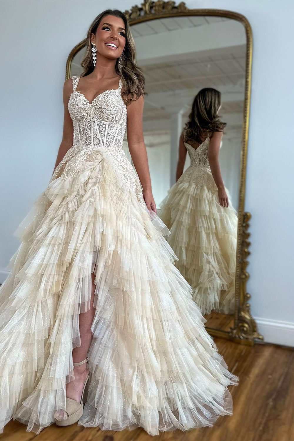 Champagne A-Line Tulle Long Prom Dress With Slit And Ruffles - FashionDia