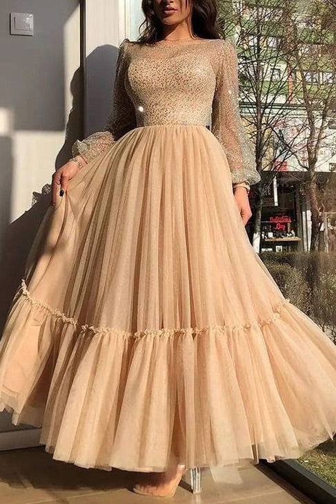 Champagne A-Line Long Sleeve Prom Gown Evening Dress - Fashionpara