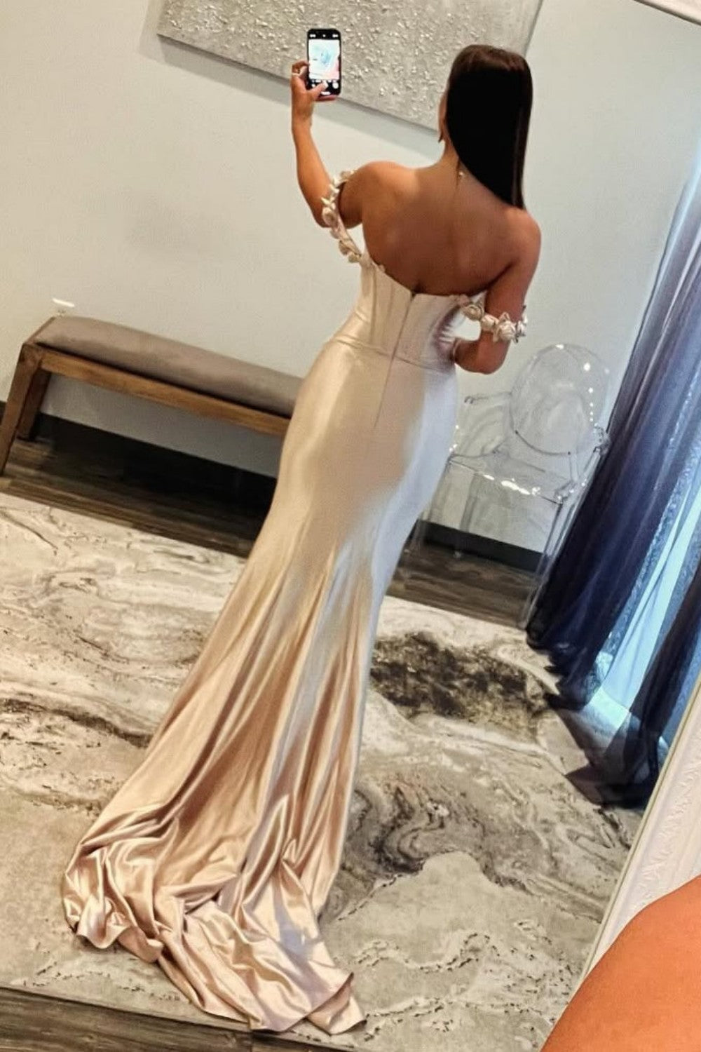 Stunning Mermaid Off the Shoulder Champagne Corset Prom Dress with 3D Flowers