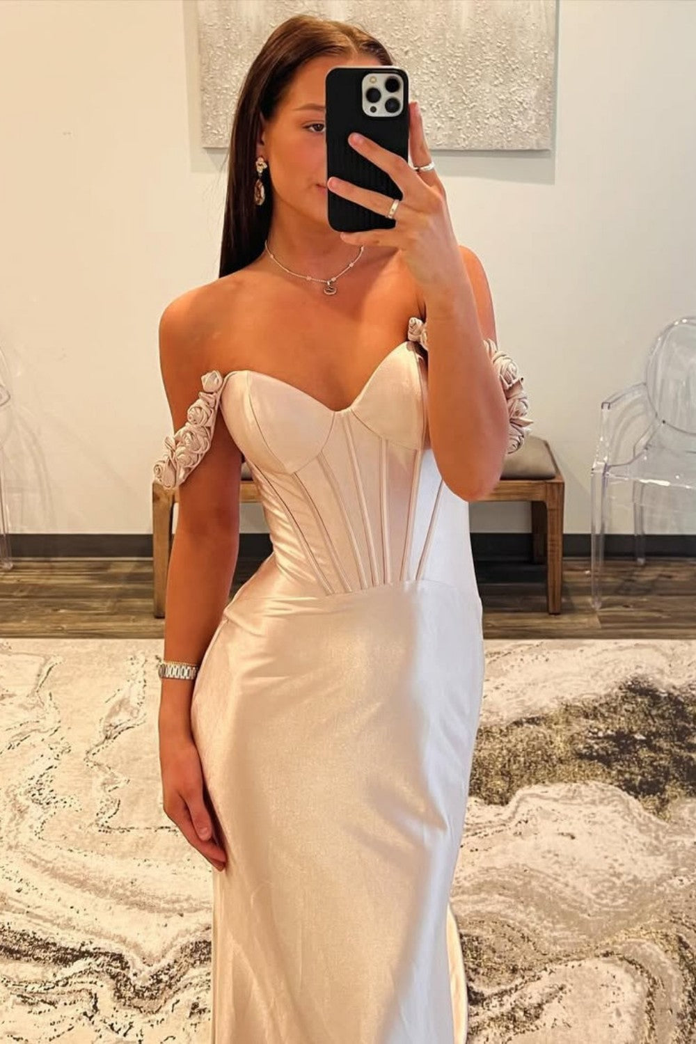Stunning Mermaid Off the Shoulder Champagne Corset Prom Dress with 3D Flowers