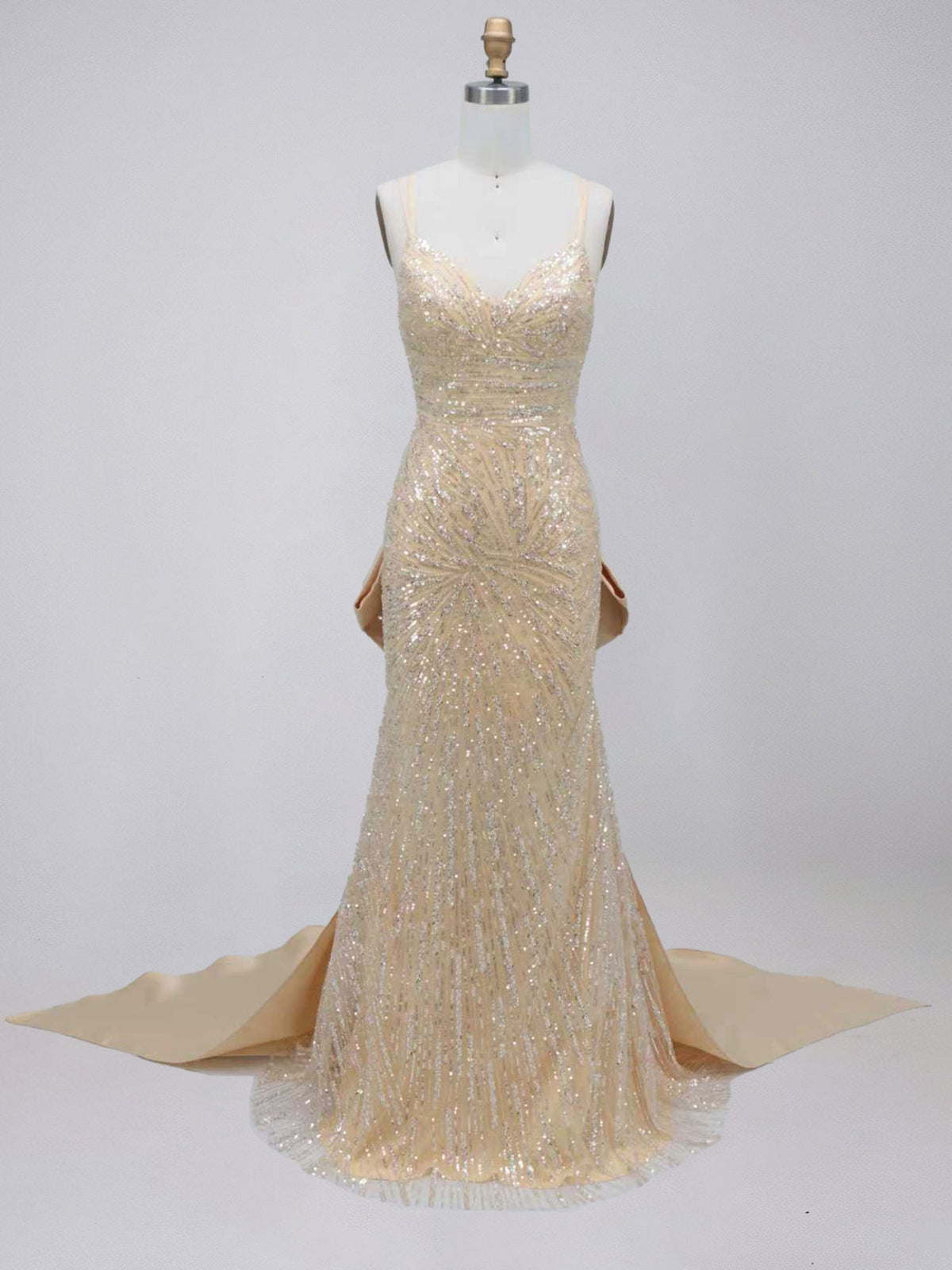 Champagne Gold Sequin Satin Train Mermaid Prom Dress with Bow - FashionDia