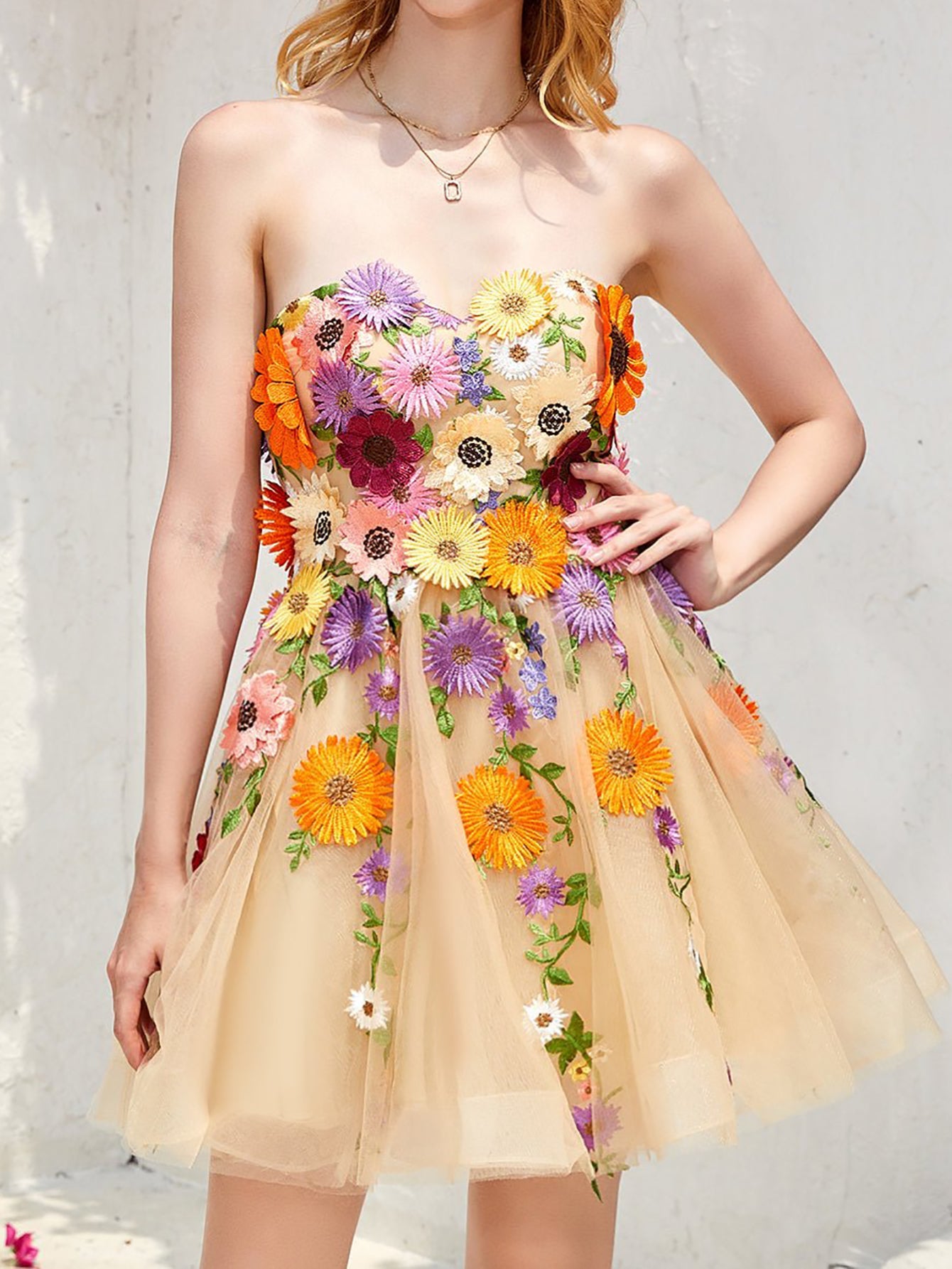 Strapless Champagne A Line Homecoming Dress With 3D Flowers - Fashionpara