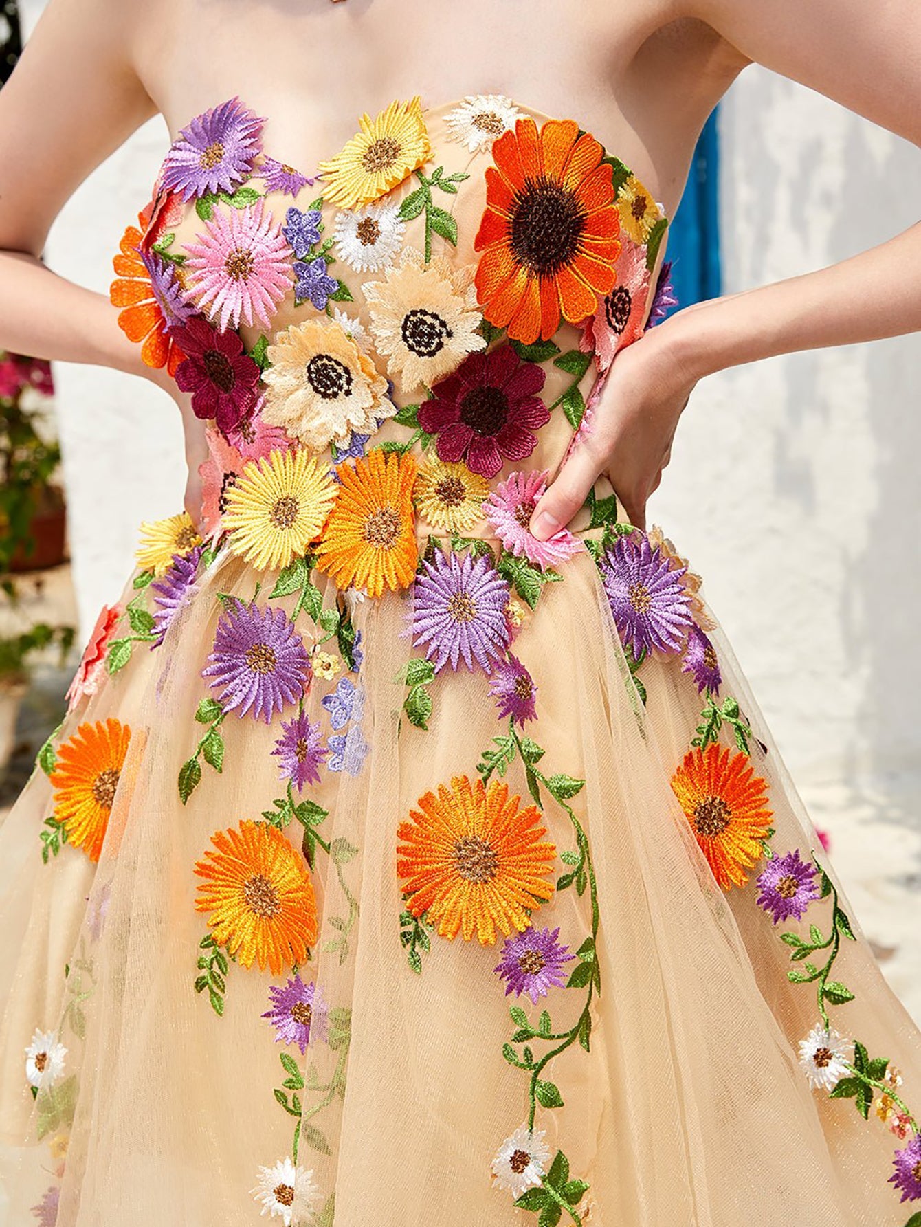 Strapless Champagne A Line Homecoming Dress With 3D Flowers - Fashionpara