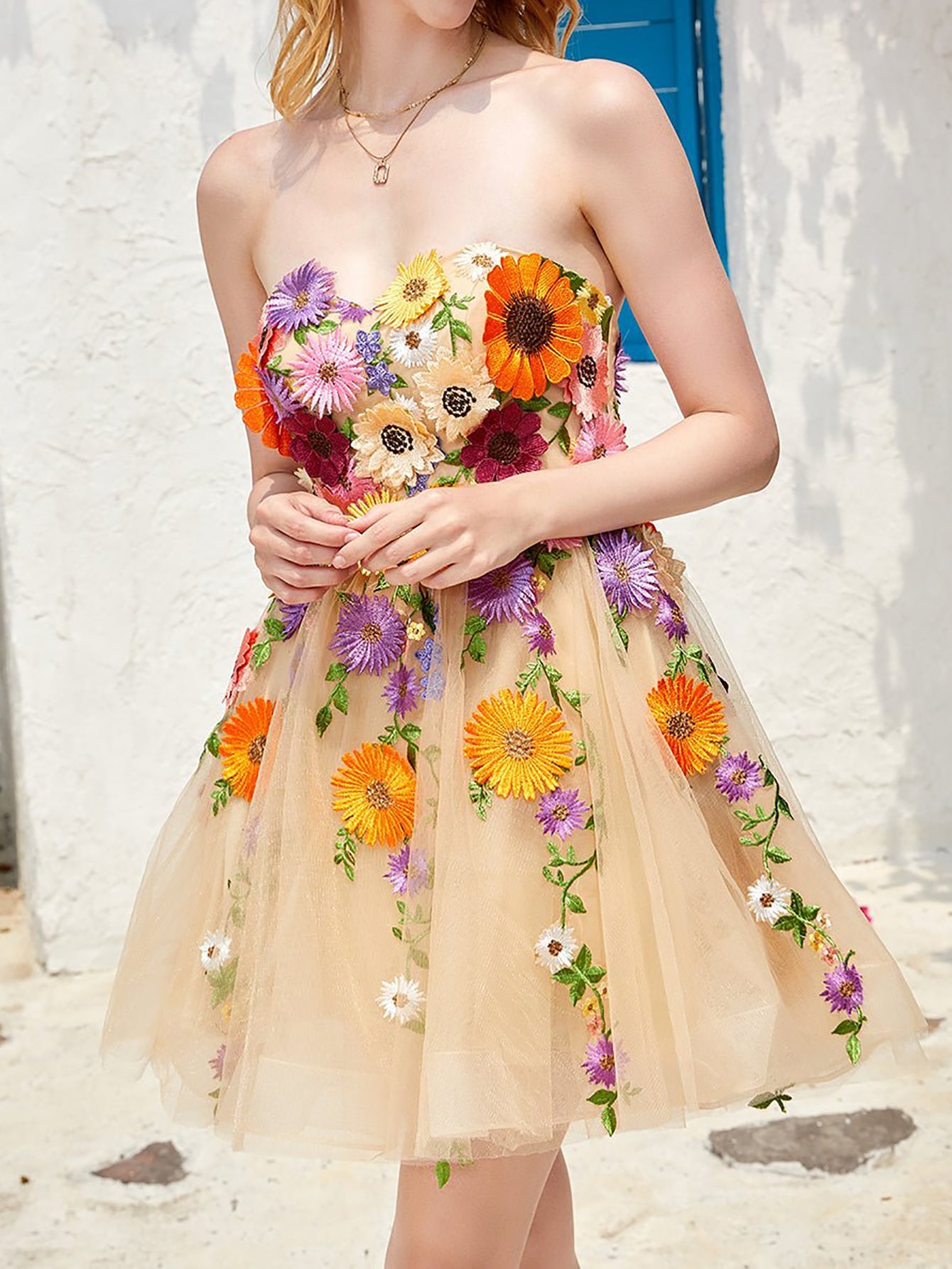 Strapless Champagne A Line Homecoming Dress With 3D Flowers - Fashionpara