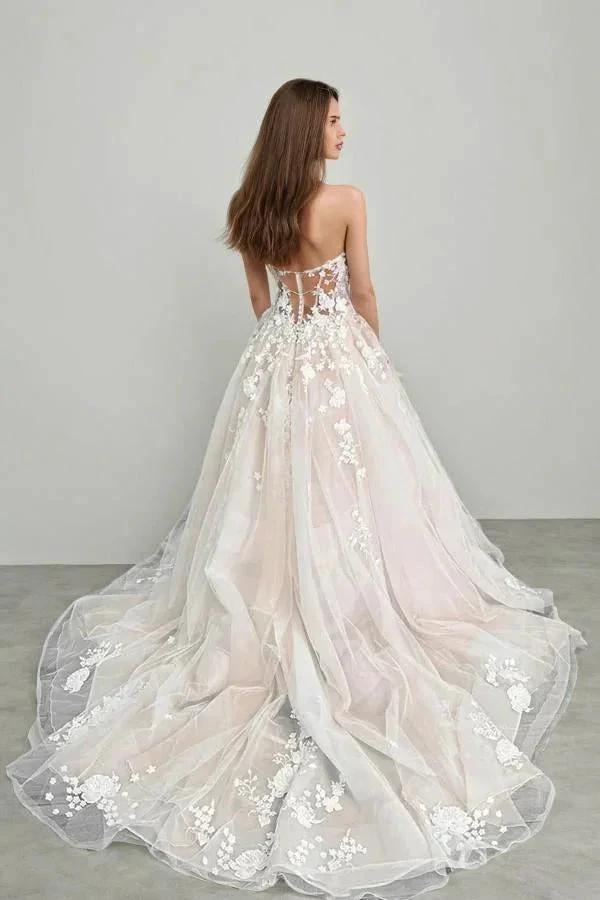 Champagne Tulle Lace Elegant Wedding Dresses Strapless Bridal Gowns (ZD16113)