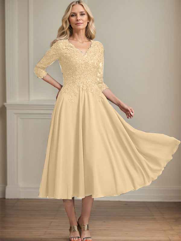 A-line V-Neck Tea-Length Chiffon Lace Mother of the Bride Dress With Beading Sequins - View 14 | FashionDia