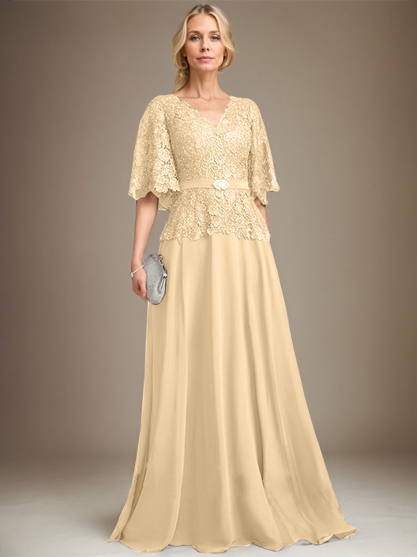 A-line V-Neck Floor-Length Chiffon Lace Mother of the Bride Dress With Crystal Brooch Rhinestone - View 13 | FashionDia