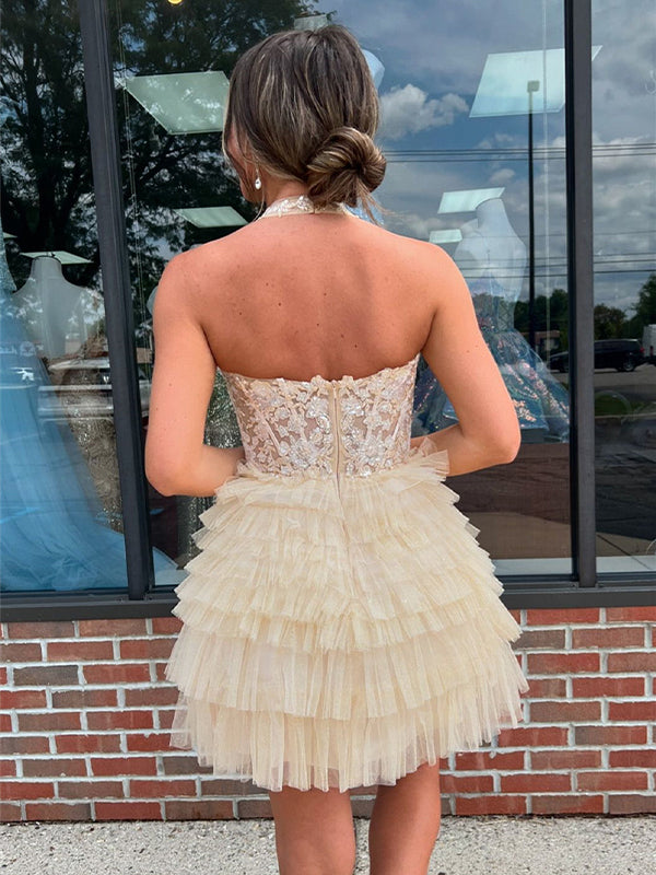 A-Line Halter Short Tulle Homecoming Dress With Appliques