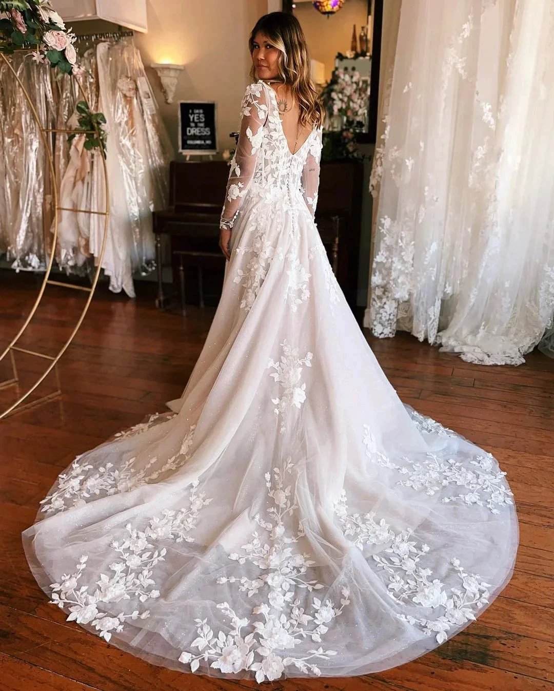 Charming Long A-line Appliques Long Sleeves Wedding Dress With Train (ZD15691)