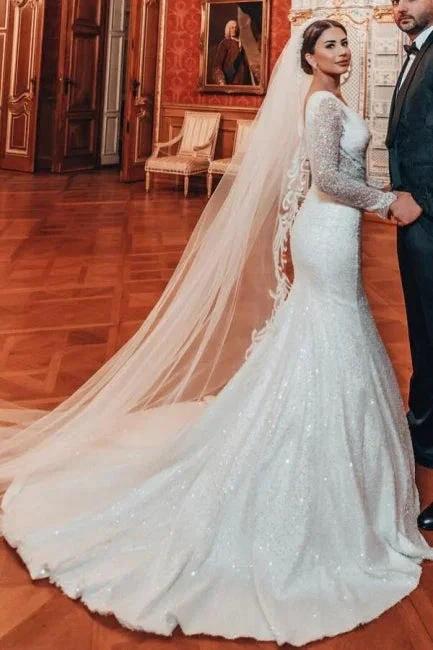 Charming Long A-line Lace Sequined Beading Long Sleeves Wedding Dresses With Detachable Train (ZD15633)