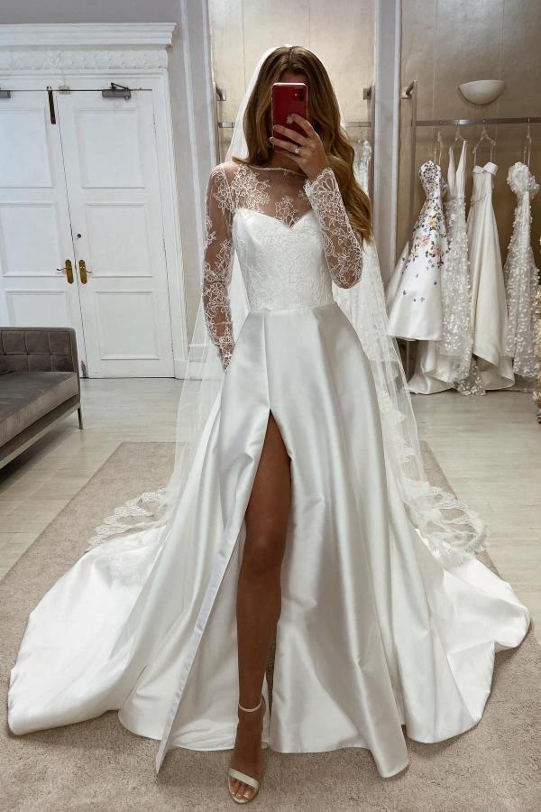 Charming Long A-line White Satin Split Wedding Dresses with Long Sleeves (ZD15644)