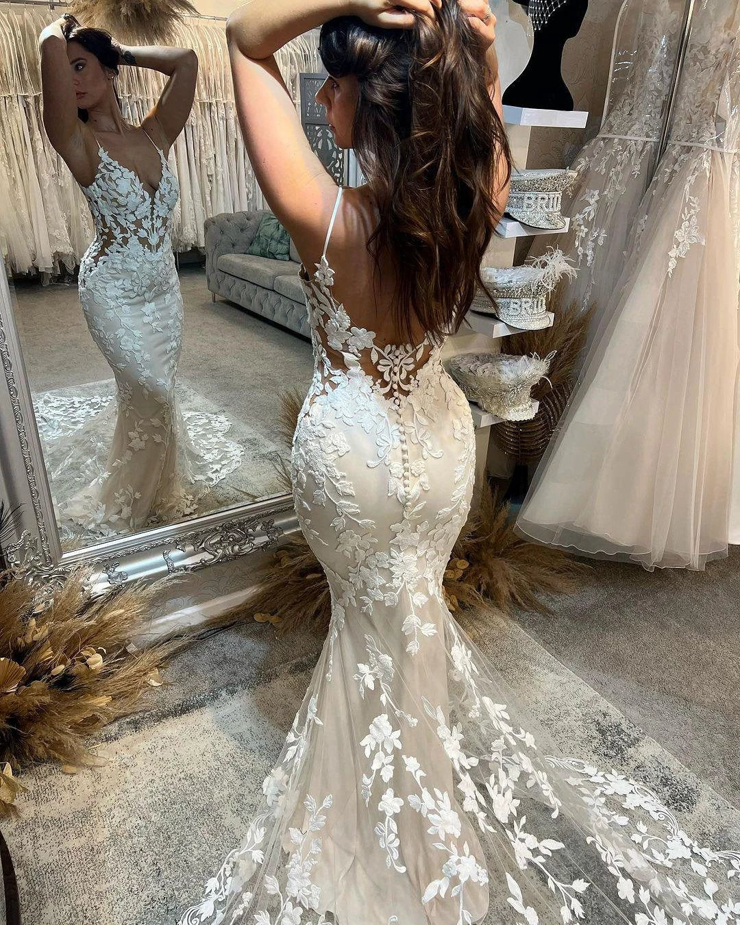 Charming Long Mermaid Spaghetti Straps Appliques V-neck Wedding Dress With Train (ZD15666)
