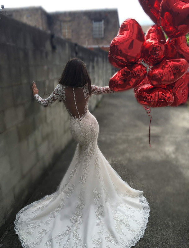 Charming Long Sleeves Mermaid Bridal Dresses  Tulle Appliques Mermaid Sheer Back Wedding Dress BA3741