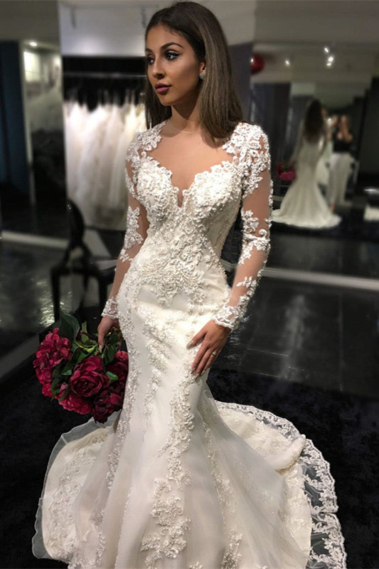 Charming Long Sleeves Mermaid Bridal Dresses  Tulle Appliques Mermaid Sheer Back Wedding Dress BA3741
