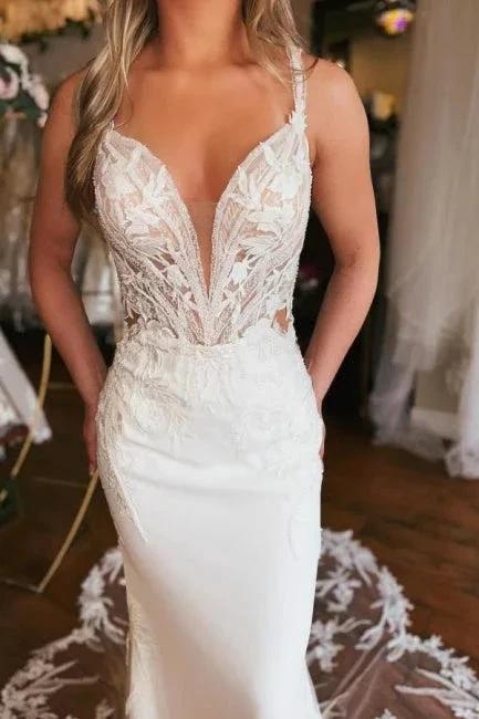 Charming Long V-neck Mermaid Sleeveless Wedding Dress With Lace (ZD15605)