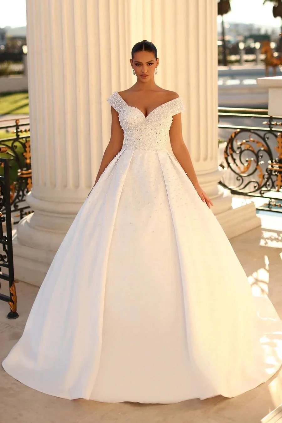 Charming Long White Off-the-shoulder A-line Sequined Wedding Dress With Pearls (ZD15653)
