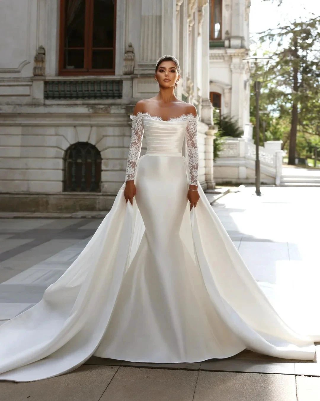 Charming Long White Off-the-shoulder Mermaid Lace Long Sleeves Wedding Dress With Detachable Train (ZD15671) - View 3 | VelvetHem