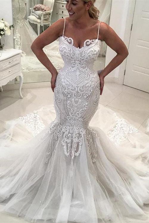 Charming Mermaid Lace Wedding Dresses Spaghetti-Straps Long Tulle Bridal Gowns On Sale